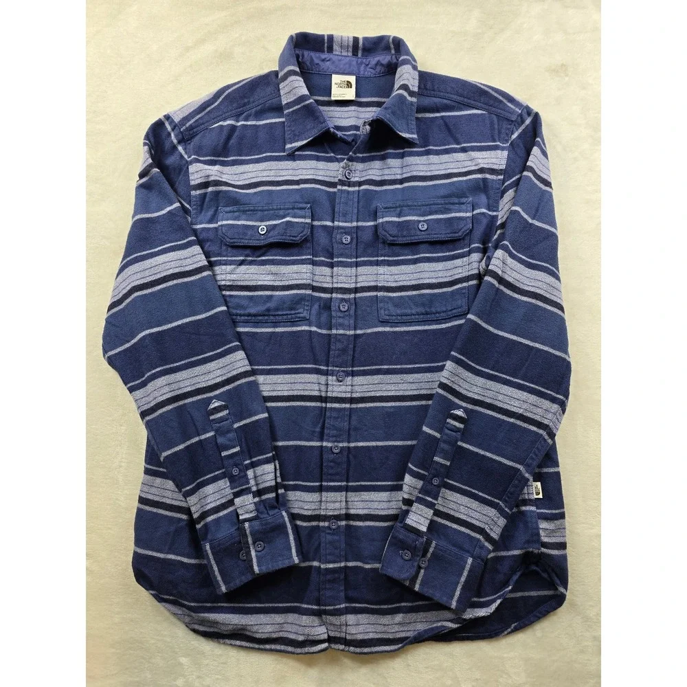The North Face‎ Flannel Shirt Mens Large Blue Striped Cotton Lined Button Up